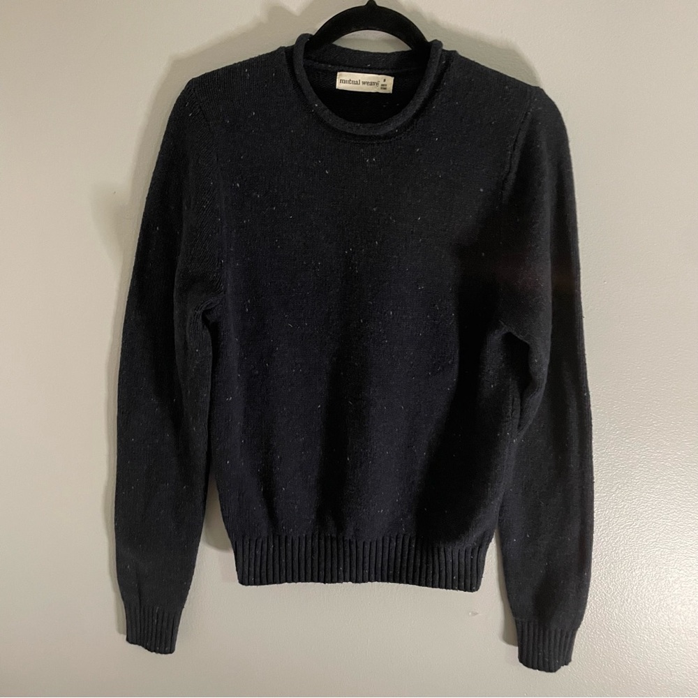 Mutual Weave Mens M Med Navy Blue with Grey/White Specs Sweater Grandpa Pullover